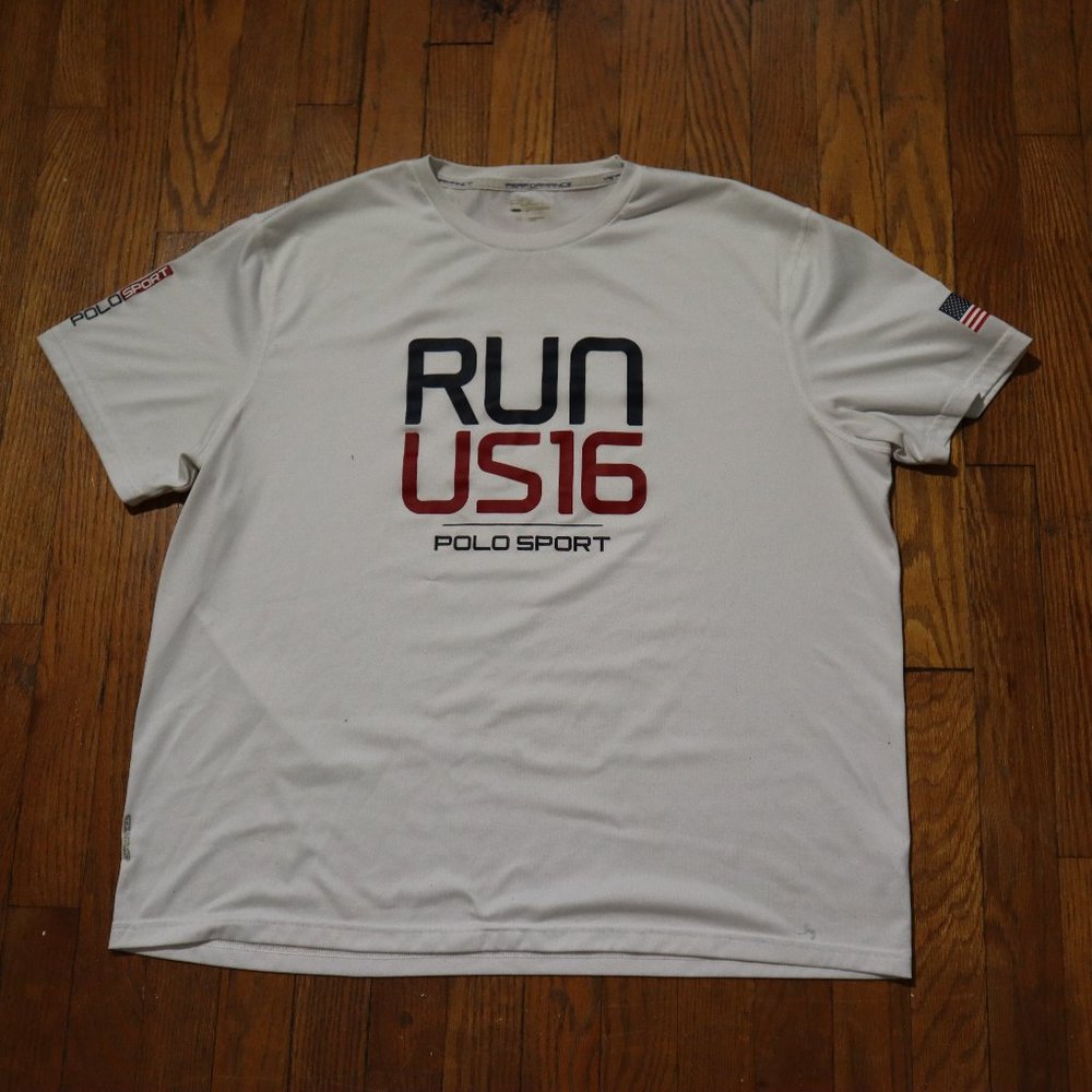 Polo Sport RUN US16 Athletic Workout Shirt Men's XL USA Flag Stains
